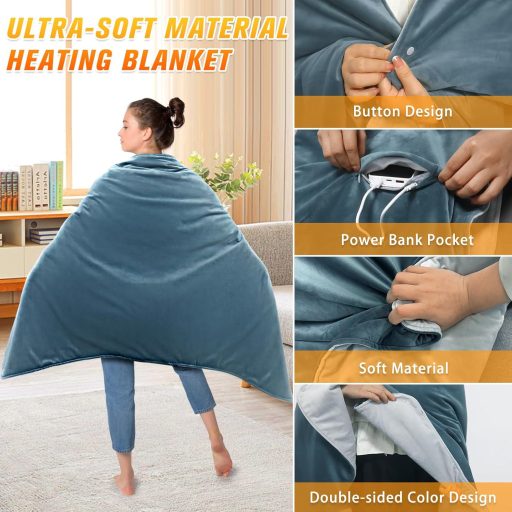 fisca Hordozható Elektromos Takaró 10000 mAh Powerbank-kal - Puha Plüss Melegítő Takaró 3 Hőfokozattal, 150x90 cm, Otthoni, Irodai és Kültér