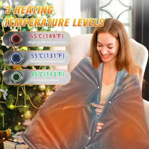 fisca Pătură Electrică Portabilă cu Powerbank de 10000 mAh - Pătură Moale de Pluș Încălzită cu 3 Nivele de Temperatură, 150x90 cm, pentru Acasă, Birou și Exterior