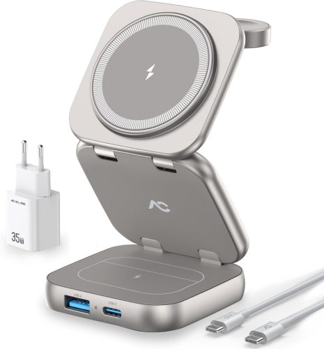 AC ISLAND 5 az 1-ben MagSafe Töltőállomás iPhone 16/15/14/13/12, Apple Watch és AirPods Készülékekhez - Összecsukható Utazási Vezeték Nélkül