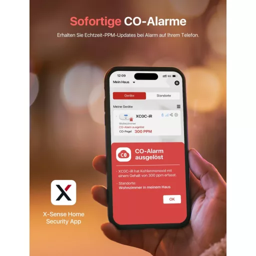 X-Sense XC0C-iR Okos Szénmonoxid Érzékelő - WiFi-s CO Detektor LCD Kijelzővel, TÜV Tanúsítvánnyal, Applikációs Némítással és Cserélhető Elem