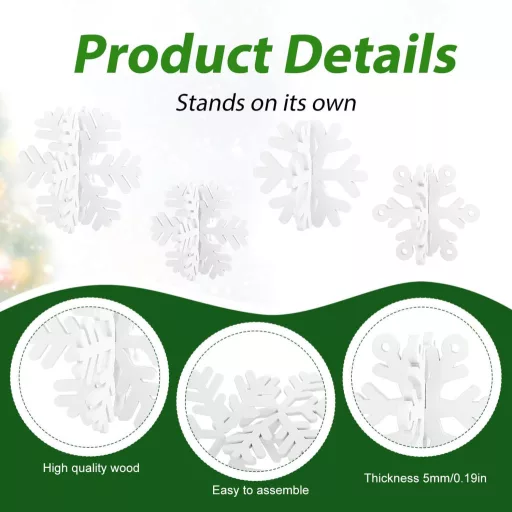 PEUTIER 16 ks Drevené vianočné snehové vločky, dekorácia na stôl, 3D biela ozdoba