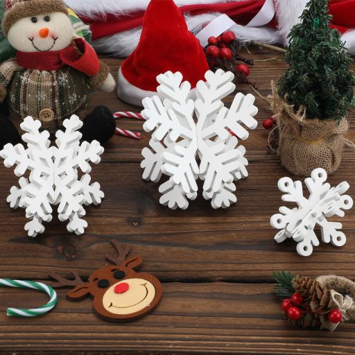 PEUTIER 16 ks Drevené vianočné snehové vločky, dekorácia na stôl, 3D biela ozdoba