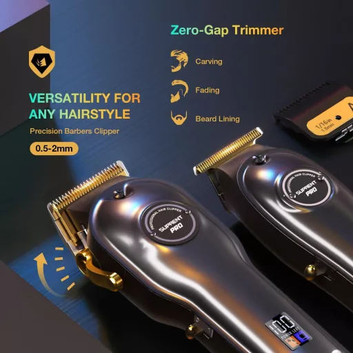 SUPRENT Professzionális Hajvágó Szett Férfiaknak - Zero Gap Vezeték Nélküli Hajnyíró LED Kijelzővel, 9 Fésűtartalékkal, Szénacél Pengével, F