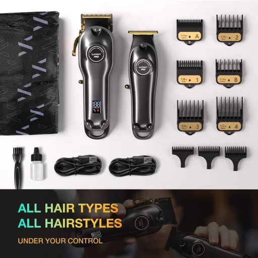 SUPRENT Professzionális Hajvágó Szett Férfiaknak - Zero Gap Vezeték Nélküli Hajnyíró LED Kijelzővel, 9 Fésűtartalékkal, Szénacél Pengével, F