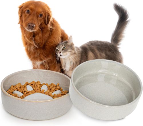 Set Boluri Ceramică pentru Câini Skrtuan - 2 buc. Boluri de Hrană și Hranire Lentă de 450 ml pentru Câini de Talie Mică și Pisici, Lavabile în Mașina de Spălat Vase, Antialunecare