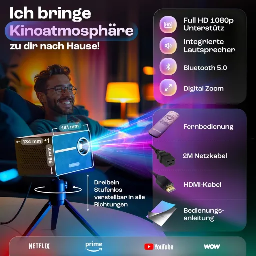 CuBeam Mini 4K Projektor - 20000 Lumen LED Házimozi Vetítő WiFi és Bluetooth Kapcsolattal, 4D Képkorrekció, Rövid Vetítési Távolság, Hordozh