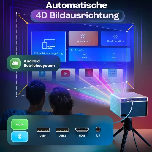 CuBeam Mini 4K Projektor - 20000 Lumen LED Házimozi Vetítő WiFi és Bluetooth Kapcsolattal, 4D Képkorrekció, Rövid Vetítési Távolság, Hordozh