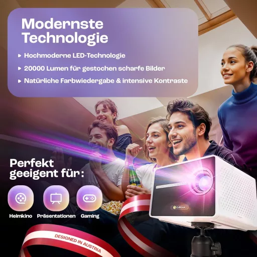 CuBeam Mini 4K Projektor - 20000 Lumen LED Házimozi Vetítő WiFi és Bluetooth Kapcsolattal, 4D Képkorrekció, Rövid Vetítési Távolság, Hordozh