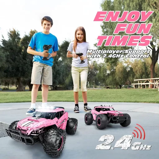 Tecnock Távirányítós Autó 1:16 Rózsaszín LED Világítással, Terepjáró RC Monster Truck 2.4GHz, 2 Akkuval 60 Perc Játékidő