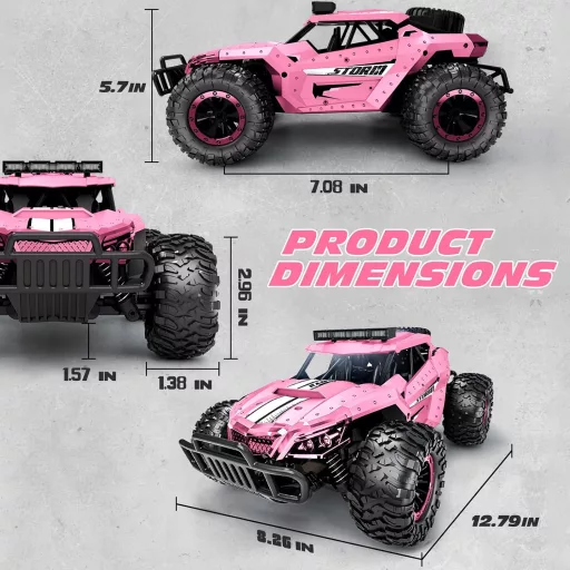 Tecnock Távirányítós Autó 1:16 Rózsaszín LED Világítással, Terepjáró RC Monster Truck 2.4GHz, 2 Akkuval 60 Perc Játékidő