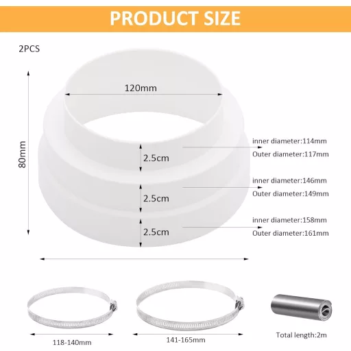 DAWRIS 2db Szűkítő Csatlakozó 120-160mm Rozsdamentes Bilinccsel Szellőzéshez
