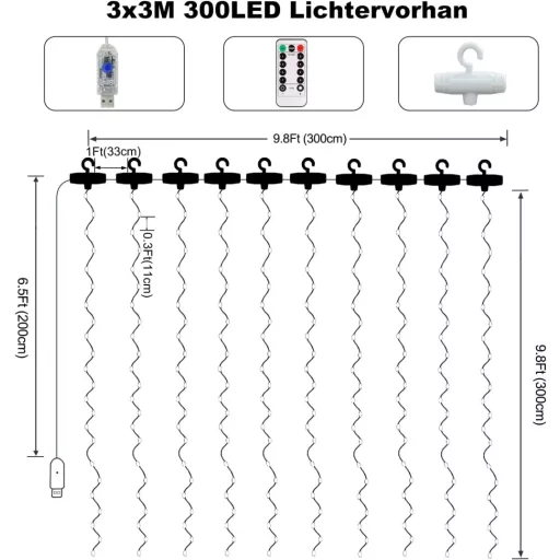 echosari 300 LED függöny fény 3x3m USB távirányítóval időzítővel karácsony dekoráció