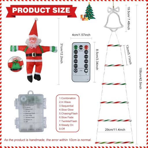 Ulikey LED Mikulás Létra Fényfüzér 8 Módú Távirányítóval Karácsony Dekoráció