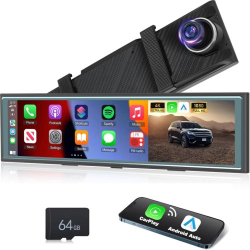NHOPEEW 10,99" Visszapillantó Tükör 4K Első Kamerával - Vezeték Nélküli CarPlay & Android Auto - Éjjellátó Dupla Kamera WiFi FM Adóval