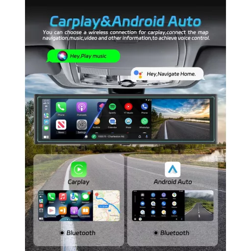 NHOPEEW 10,99" Visszapillantó Tükör 4K Első Kamerával - Vezeték Nélküli CarPlay & Android Auto - Éjjellátó Dupla Kamera WiFi FM Adóval