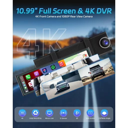 NHOPEEW 10,99" Spätné zrkadlo s 4K prednou kamerou - Bezdrôtové CarPlay & Android Auto - Nočné videnie Duálna kamera s WiFi FM vysielačom