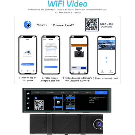 NHOPEEW 10,99" Visszapillantó Tükör 4K Első Kamerával - Vezeték Nélküli CarPlay & Android Auto - Éjjellátó Dupla Kamera WiFi FM Adóval