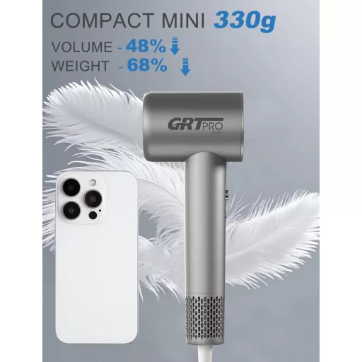 GRT PRO Mini BL-F02 Hajszárító - 2200W, 330g Könnyű, Ionos, 110.000 RPM, 4 Hőfokozat, 2 Sebesség, 360° Mágneses Fúvóka, Szürke