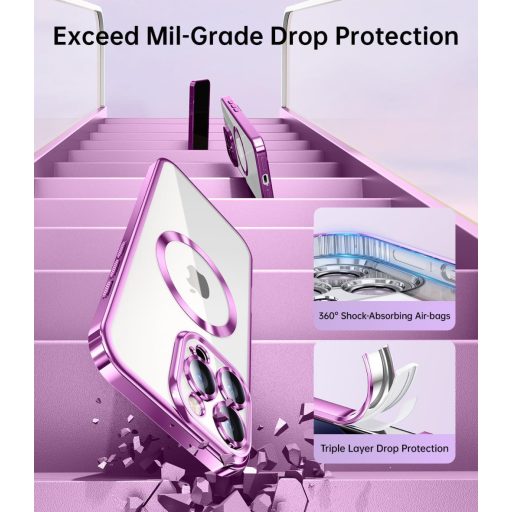 Jueshituo iPhone 16 Pro Tok 3-in-1 Szett Védőfóliával, Katonai Szabvány, MagSafe Kompatibilis, Ütésálló Mágneses Telefontok, Rózsaszín