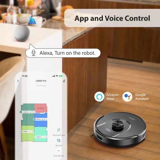 Robot aspirator Tikom L8000 Pro cu navigare LiDAR, putere de aspirare de 5000Pa, funcție mop și autonomie de 150 de minute