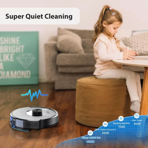 Robot aspirator Tikom L8000 Pro cu navigare LiDAR, putere de aspirare de 5000Pa, funcție mop și autonomie de 150 de minute