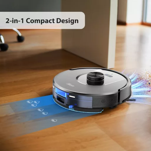 Robot aspirator Tikom L8000 Pro cu navigare LiDAR, putere de aspirare de 5000Pa, funcție mop și autonomie de 150 de minute