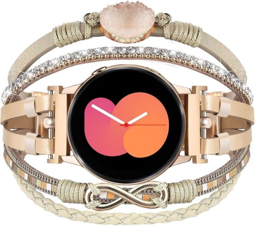 VISOOM Boho Bőr Karkötő Samsung Galaxy Watch 7/6/5/4 Órához - 20mm Többrétegű Gyöngyös Szíj Női Okosórához, Khaki Kör Dizájn