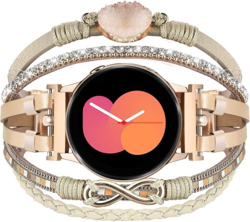 VISOOM Boho Bőr Karkötő Samsung Galaxy Watch 7/6/5/4 Órához - 20mm Többrétegű Gyöngyös Szíj Női Okosórához, Khaki Kör Dizájn