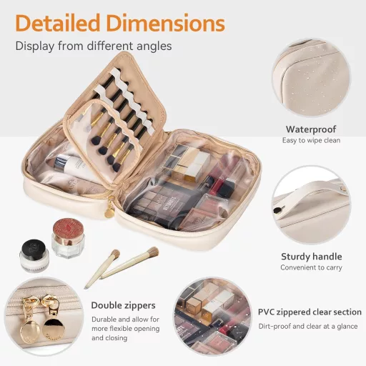 Kozmetická taška Abiudeng Béžová - Vodoodolná PU kožená kozmetická taštička s otváraním o 180°, s odnímateľným držiakom na štetce, veľkokapacitná taška na make-up na cestovanie