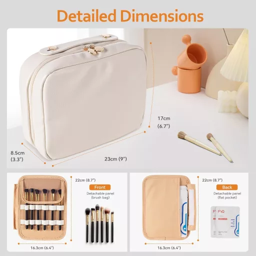 Geantă cosmetică Abiudeng, bej - Cutie de machiaj impermeabilă, de dimensiuni mari, cu deschidere la 180°, compartiment detașabil pentru pensule, pentru călătorii și utilizarea zilnică