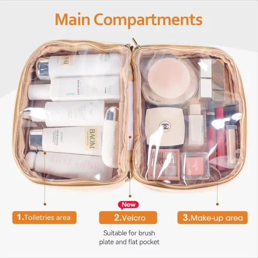 Geantă cosmetică Abiudeng, bej - Cutie de machiaj impermeabilă, de dimensiuni mari, cu deschidere la 180°, compartiment detașabil pentru pensule, pentru călătorii și utilizarea zilnică