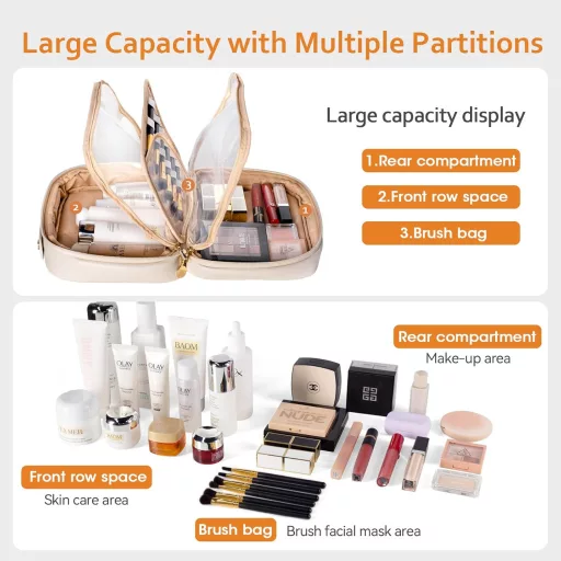 Geantă cosmetică Abiudeng, bej - Cutie de machiaj impermeabilă, de dimensiuni mari, cu deschidere la 180°, compartiment detașabil pentru pensule, pentru călătorii și utilizarea zilnică