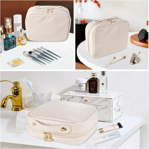 Abiudeng Bézs Kozmetikai Táska - Nagy Méretű Vízálló Sminkesdoboz 180° Nyitható, Kivehető Ecsetrekesszel, Utazáshoz és Mindennapokhoz