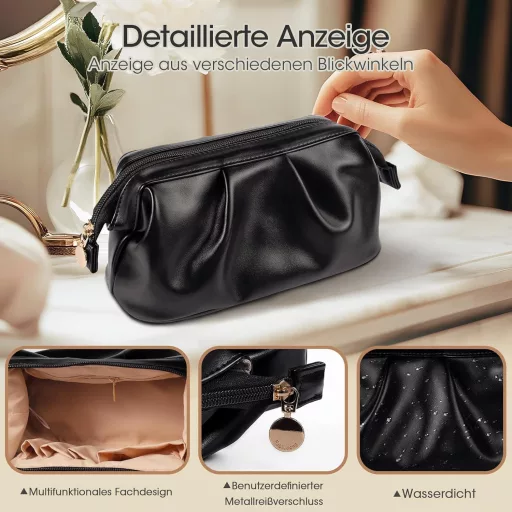 Kozmetická taška v tvare mušle - Vodoodolná PU kožená kozmetická taštička s priehradkou na štetce, na cestovanie a každodenné použitie, čierna