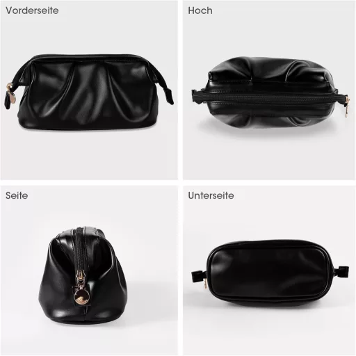 Kozmetická taška v tvare mušle - Vodoodolná PU kožená kozmetická taštička s priehradkou na štetce, na cestovanie a každodenné použitie, čierna