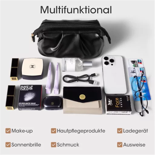 Kozmetická taška v tvare mušle - Vodoodolná PU kožená kozmetická taštička s priehradkou na štetce, na cestovanie a každodenné použitie, čierna