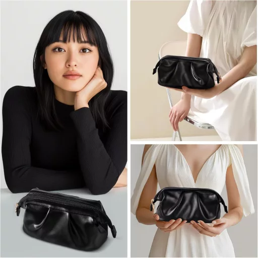 Kozmetická taška v tvare mušle - Vodoodolná PU kožená kozmetická taštička s priehradkou na štetce, na cestovanie a každodenné použitie, čierna