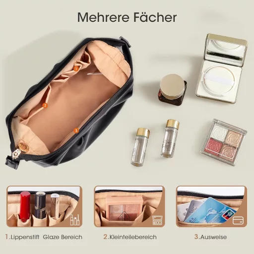 Kozmetická taška v tvare mušle - Vodoodolná PU kožená kozmetická taštička s priehradkou na štetce, na cestovanie a každodenné použitie, čierna