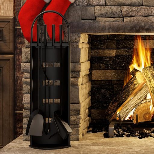 Set de accesorii șemineu Kingson, 5 piese, negru, 66 cm