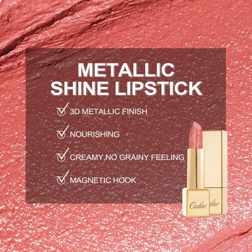 OULAC Metallic Korall Rúzs Fényes Finish, Hosszantartó Glitter Hatás, Intenzív Szín