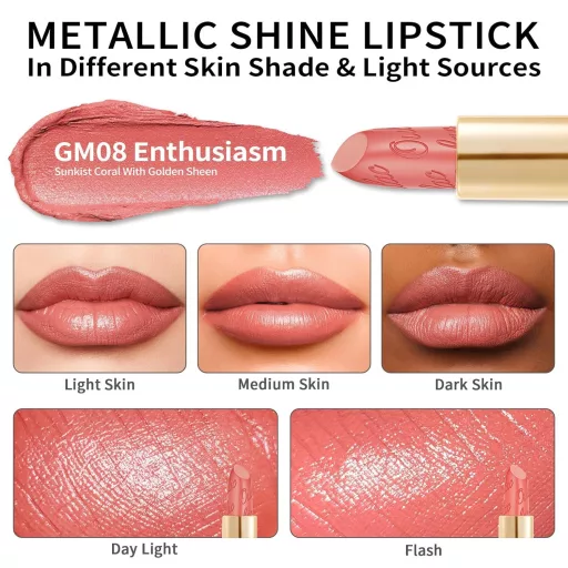 OULAC Metallic Korall Rúzs Fényes Finish, Hosszantartó Glitter Hatás, Intenzív Szín
