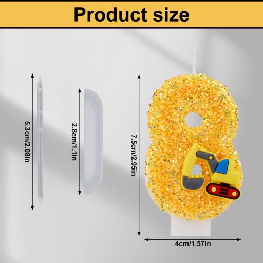 PEUTIER svjetlucava brojčana svijeća 8, građevinski kamion, ukras za tortu, rođendanska zabava za dječake