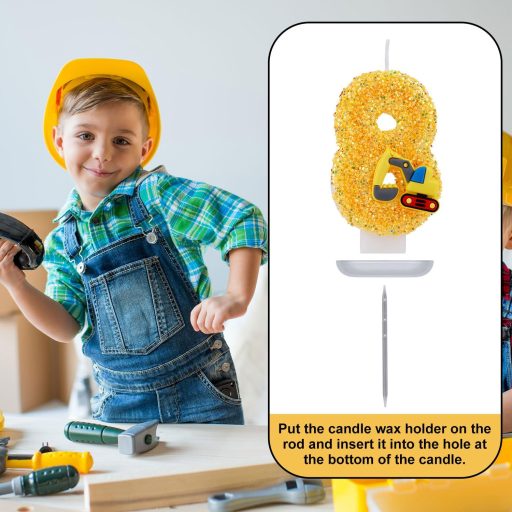 PEUTIER svjetlucava brojčana svijeća 8, građevinski kamion, ukras za tortu, rođendanska zabava za dječake