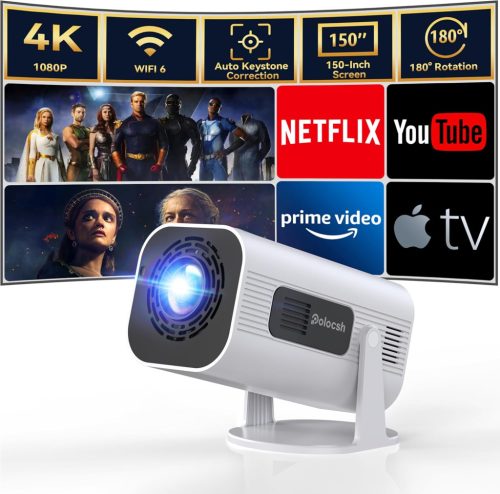 Mini Proiector Polocsh 4K cu Android 11.0 - Home Cinema Portabil Full HD 1080P, WLAN6, BT5.2, Keystone Automat, Ecran de 150", Rotație 180°
