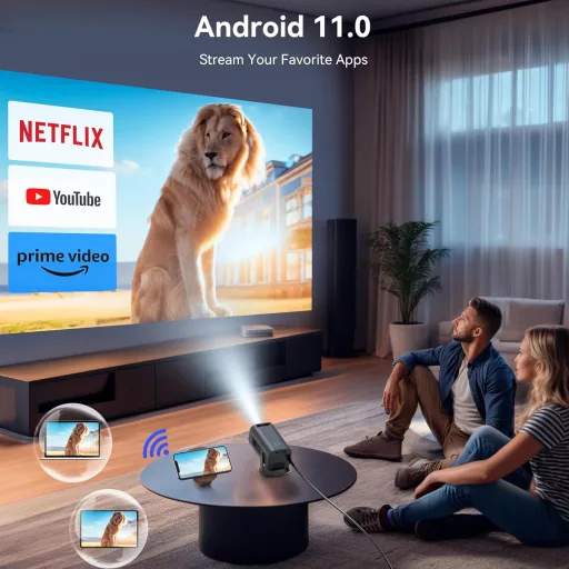 Polocsh 4K Mini Projektor Android 11.0 Rendszerrel - Full HD 1080P Hordozható Házimozi, WLAN6, BT5.2, Auto Keystone, 150" Kijelző, 180° Forg
