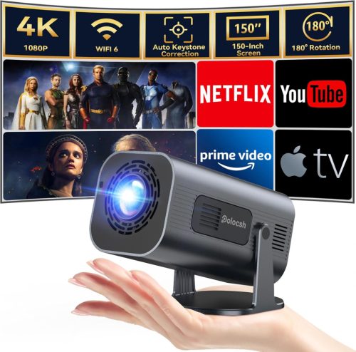 Mini Proiector Polocsh cu Suport 4K, Android 11.0, Full HD 1080P, WLAN6, BT5.2, Keystone Automat, Rotire 180°, Compatibil Telefon/Laptop