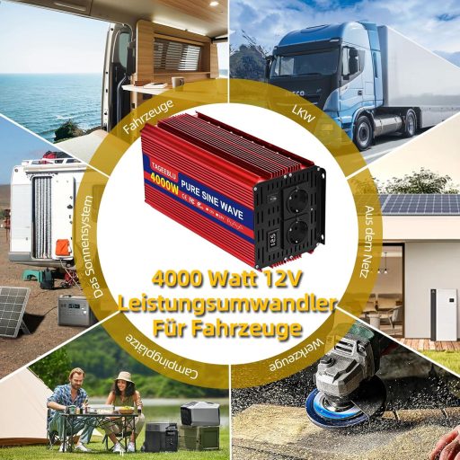 TAGEEBLU 4000W Tiszta Szinusz Inverter 12V-ról 230V-ra Autóhoz LCD Kijelzővel