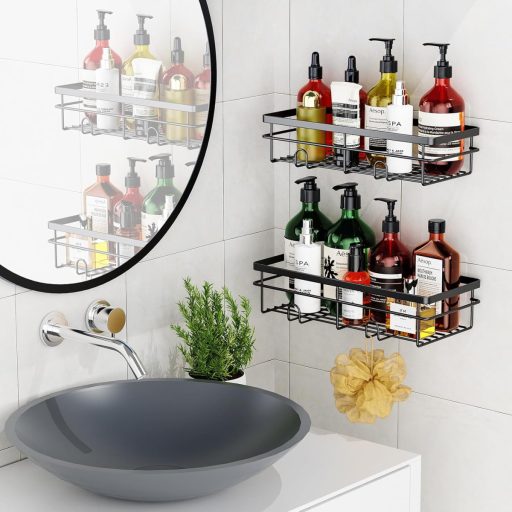 Uamector Zuhanyzó Polc, Fúrás Nélküli, Rozsdamentes, Fürdőszobai Tároló, Sampontartó, 15 kg Teherbírás, Fekete, 2 db-os Szett