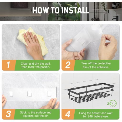 Uamector Zuhanyzó Polc, Fúrás Nélküli, Rozsdamentes, Fürdőszobai Tároló, Sampontartó, 15 kg Teherbírás, Fekete, 2 db-os Szett