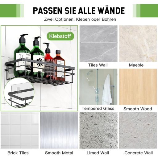 Uamector Raft de Duș, Fără Găurire, Inoxidabil, Depozitare Baie, Suport Șampon, Capacitate 15 kg, Negru, Set de 2 bucăți